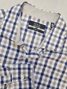 Black Saks Fifth Avenue Shirt Adult Mens L Large Gray Plaid Long Sleeve Slim Fit